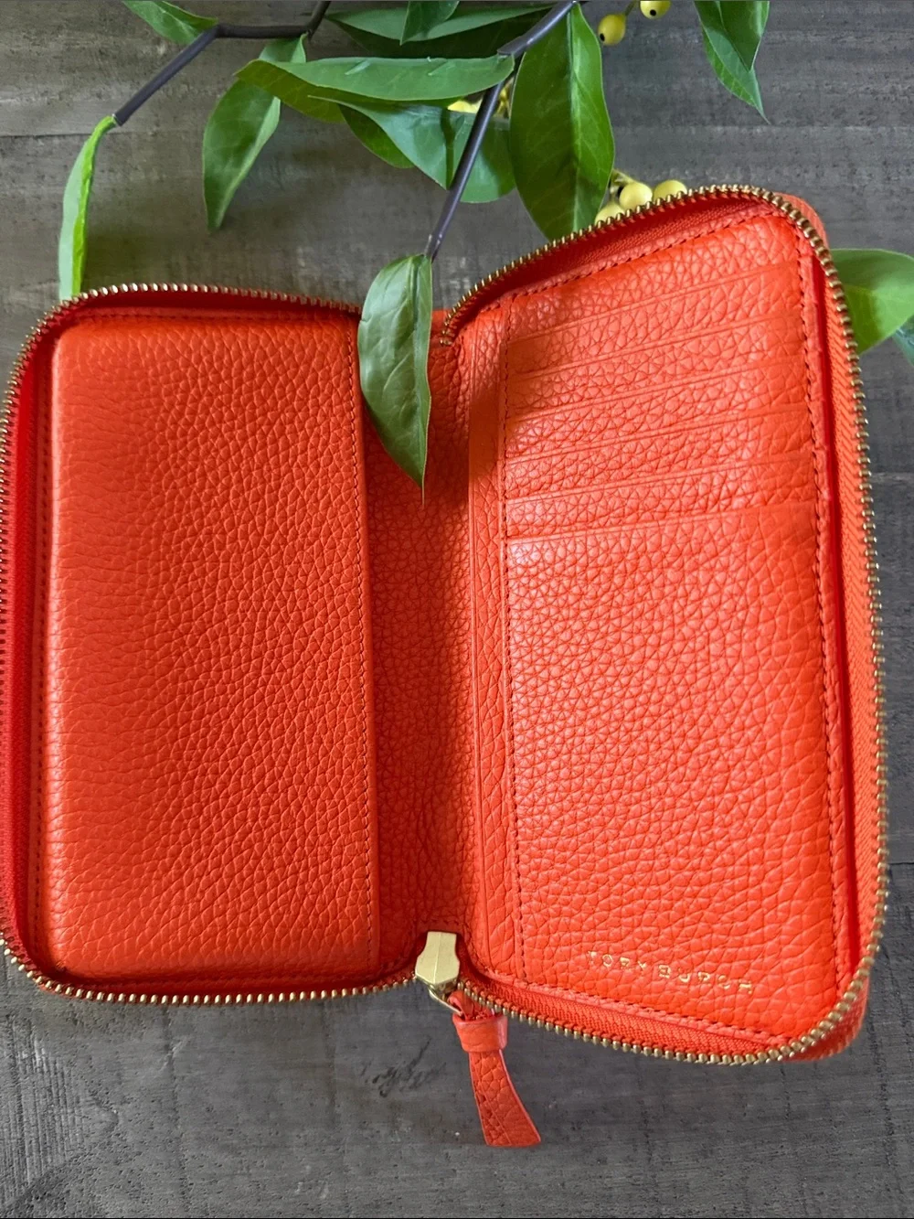 Tory Burch Orange Pebbled Leather Zip Phone Wallet